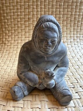 Vintage Gray Inuit Style Soapstone Figure  - Abbott Canada Eskimo Fisherman